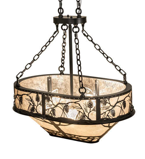 Meyda Lighting Whispering Pines 30" 8-Light Satin Black Wrought Iron Island Inverted Pendant Light With Silver Mica Shade Glass