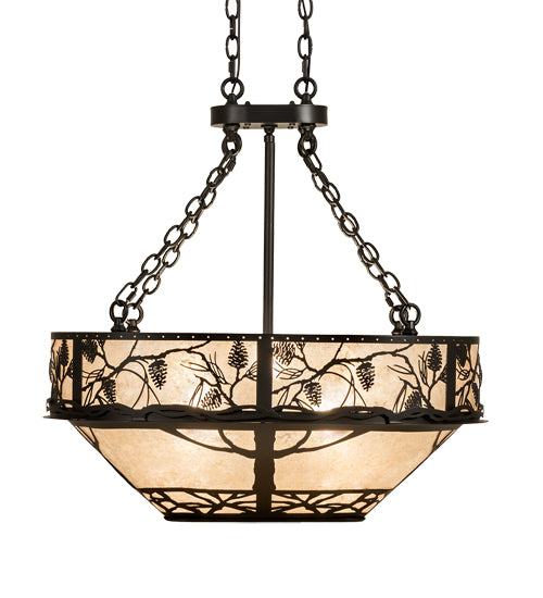 Meyda Lighting Whispering Pines 30" 8-Light Satin Black Wrought Iron Island Inverted Pendant Light With Silver Mica Shade Glass