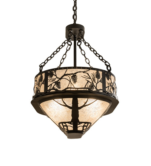 Meyda Lighting Whispering Pines 30" 8-Light Satin Black Wrought Iron Island Inverted Pendant Light With Silver Mica Shade Glass