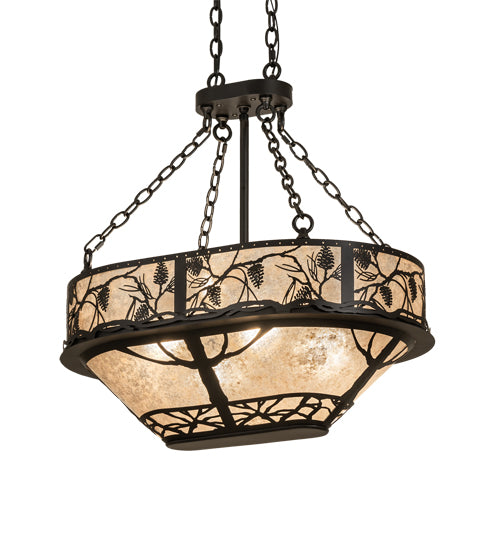 Meyda Lighting Whispering Pines 30" 8-Light Satin Black Wrought Iron Island Inverted Pendant Light With Silver Mica Shade Glass