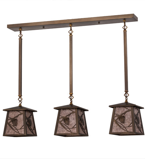 Meyda Lighting Whispering Pines 36" 3-Light Antique Copper Island Pendant Light With Silver Mica Shade Glass