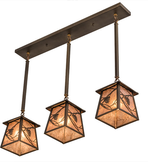 Meyda Lighting Whispering Pines 36" 3-Light Antique Copper Island Pendant Light With Silver Mica Shade Glass