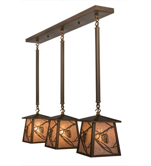 Meyda Lighting Whispering Pines 36" 3-Light Antique Copper Island Pendant Light With Silver Mica Shade Glass