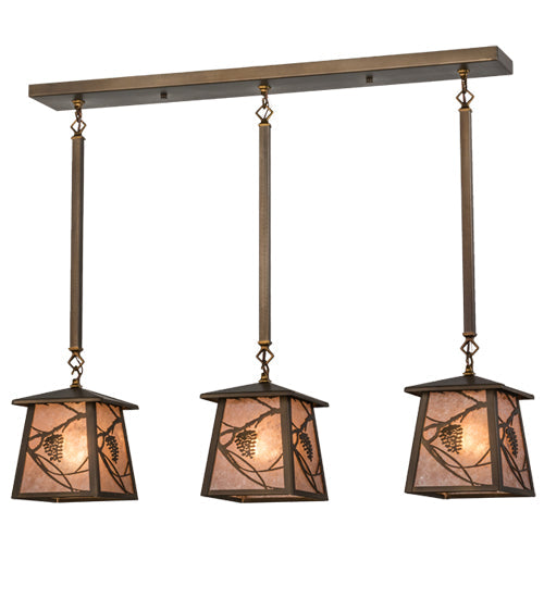 Meyda Lighting Whispering Pines 36" 3-Light Antique Copper Island Pendant Light With Silver Mica Shade Glass