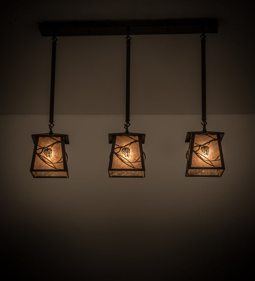 Meyda Lighting Whispering Pines 36" 3-Light Timeless Bronze Island Pendant Light With Silver Mica Shade Glass