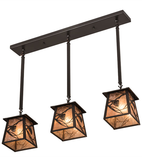 Meyda Lighting Whispering Pines 36" 3-Light Timeless Bronze Island Pendant Light With Silver Mica Shade Glass