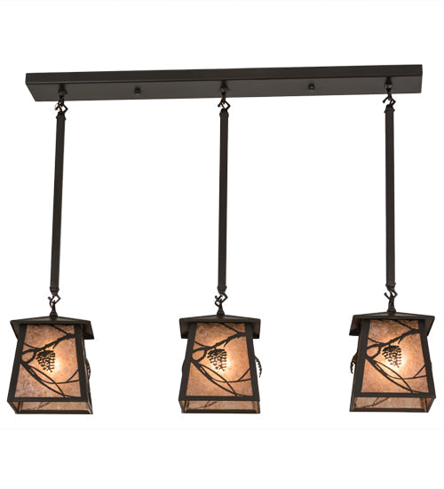 Meyda Lighting Whispering Pines 36" 3-Light Timeless Bronze Island Pendant Light With Silver Mica Shade Glass