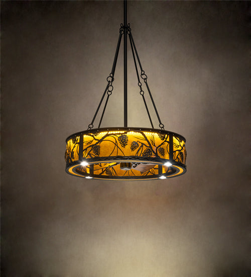 Meyda Lighting Whispering Pines 36" 4-Light LED Oil Rubbed Bronze Chandelier With Amber Mica Shade Glass and Fan