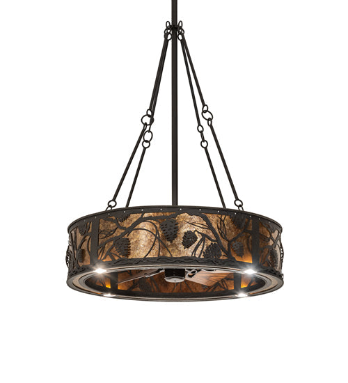 Meyda Lighting Whispering Pines 36" 4-Light LED Oil Rubbed Bronze Chandelier With Amber Mica Shade Glass and Fan