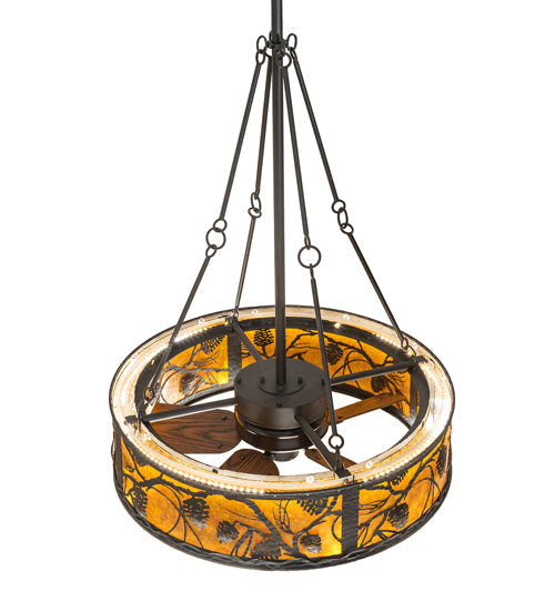 Meyda Lighting Whispering Pines 36" 4-Light LED Oil Rubbed Bronze Chandelier With Amber Mica Shade Glass and Fan