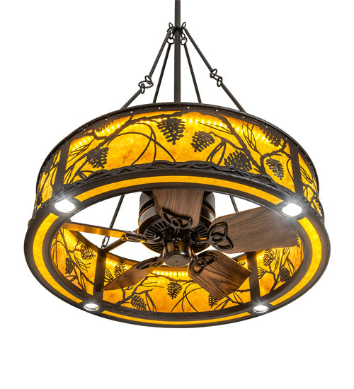 Meyda Lighting Whispering Pines 36" 4-Light LED Oil Rubbed Bronze Chandelier With Amber Mica Shade Glass and Fan