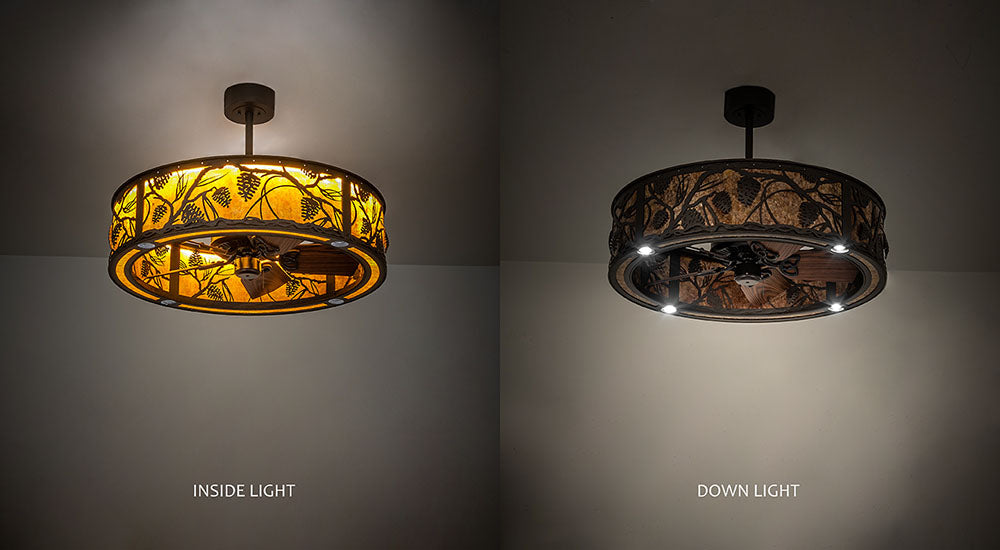 Meyda Lighting Whispering Pines 36" LED Oil Rubbed Bronze Chandelier With Amber Mica Shade Glass and Fan