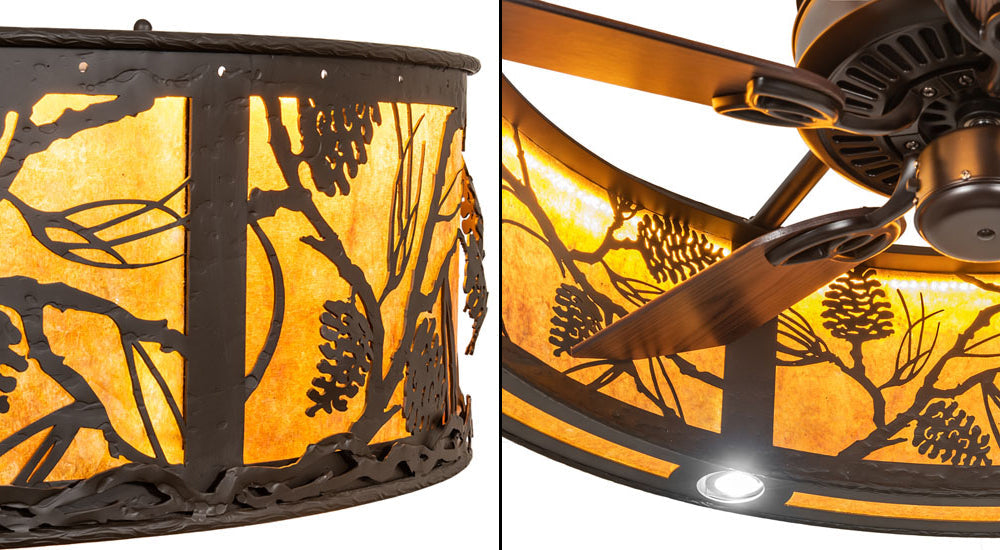Meyda Lighting Whispering Pines 36" LED Oil Rubbed Bronze Chandelier With Amber Mica Shade Glass and Fan