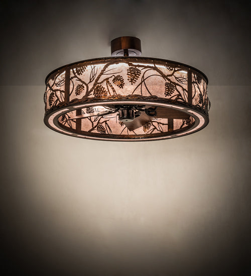 Meyda Lighting Whispering Pines 36" LED Vintage Copper Chandelier With Silver Mica Shade Glass and Fan