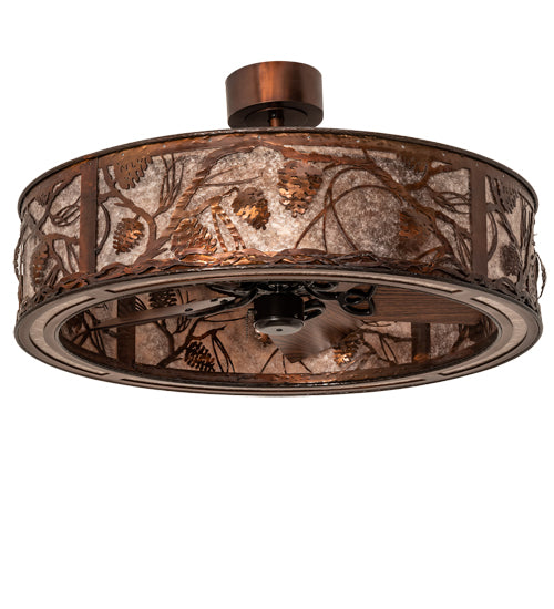 Meyda Lighting Whispering Pines 36" LED Vintage Copper Chandelier With Silver Mica Shade Glass and Fan