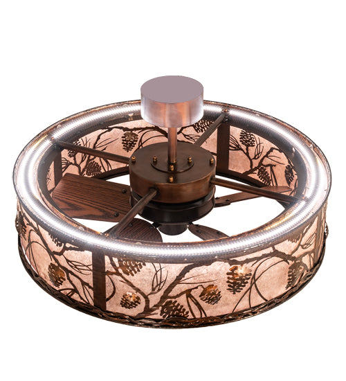 Meyda Lighting Whispering Pines 36" LED Vintage Copper Chandelier With Silver Mica Shade Glass and Fan