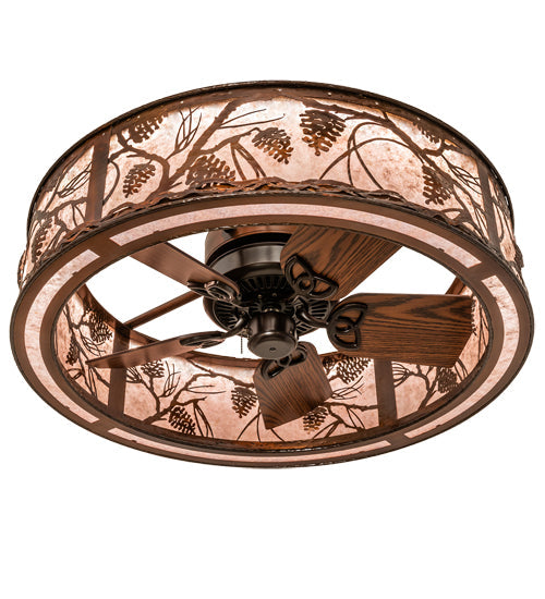 Meyda Lighting Whispering Pines 36" LED Vintage Copper Chandelier With Silver Mica Shade Glass and Fan