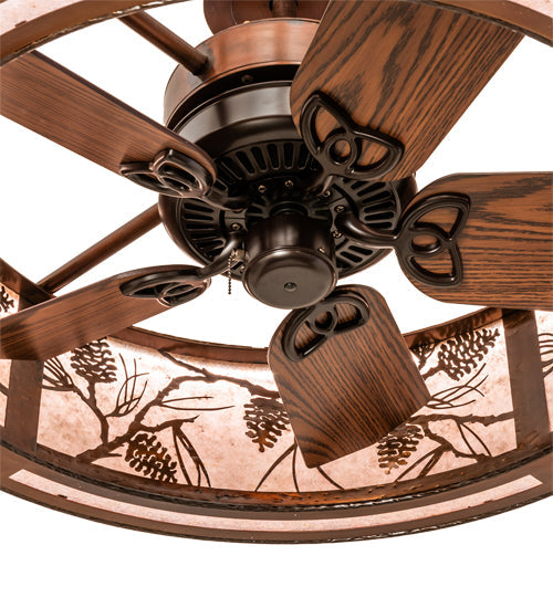 Meyda Lighting Whispering Pines 36" LED Vintage Copper Chandelier With Silver Mica Shade Glass and Fan