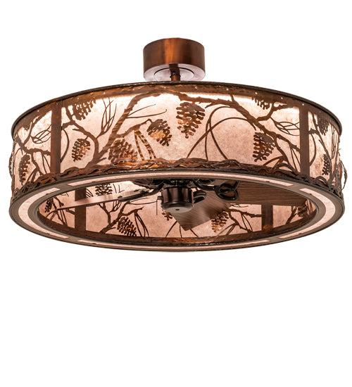 Meyda Lighting Whispering Pines 36" LED Vintage Copper Chandelier With Silver Mica Shade Glass and Fan