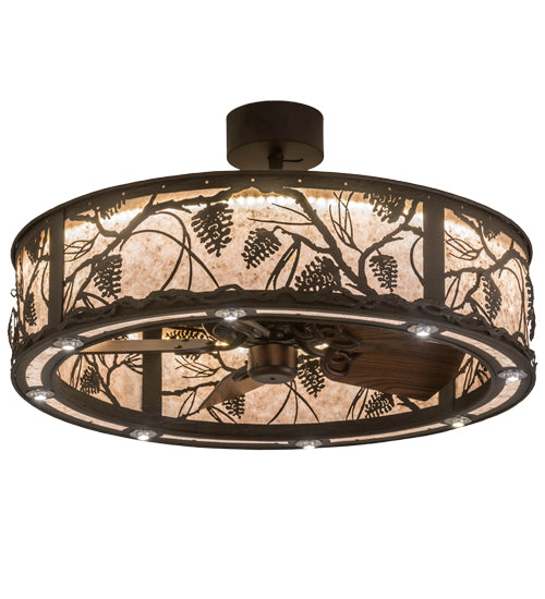 Meyda Lighting Whispering Pines 37" 8-Light LED Oil Rubbed Bronze Chandelier With Silver Mica Shade Glass and Fan