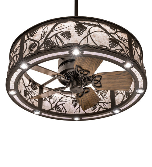 Meyda Lighting Whispering Pines 37" Oil Rubbed Bronze Chandelier With Silver Mica Shade Glass and Fan