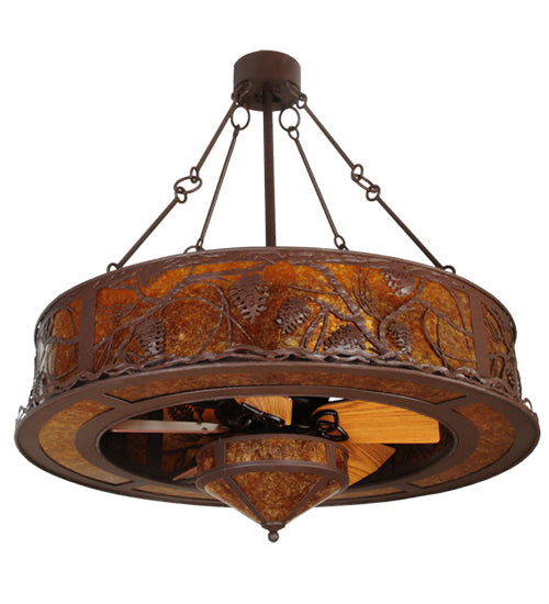Meyda Lighting Whispering Pines 44" 11-Light Cafe Noir Chandelier With Amber Mica Shade Glass and Fan