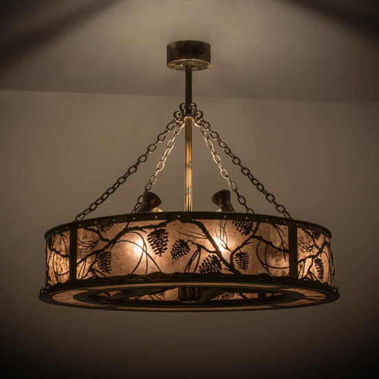 Meyda Lighting Whispering Pines 44" 12-Light Burnished Antique Copper Chandelier With Silver Mica Shade Glass, Uplights and Fan