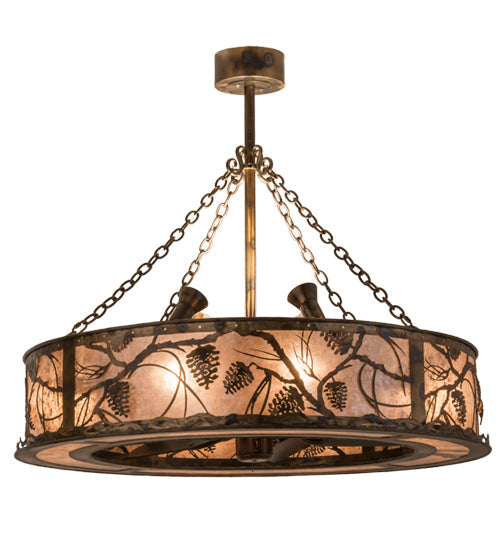 Meyda Lighting Whispering Pines 44" 12-Light Burnished Antique Copper Chandelier With Silver Mica Shade Glass, Uplights and Fan