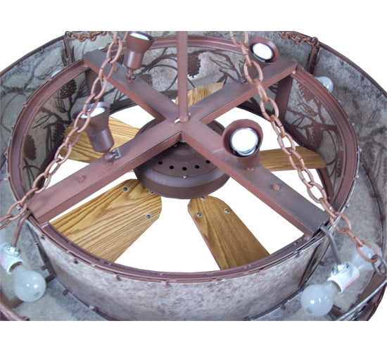 Meyda Lighting Whispering Pines 44" 12-Light Rust Wrought Iron Chandelier With Silver Mica Shade Glass and 29" Wood Fan