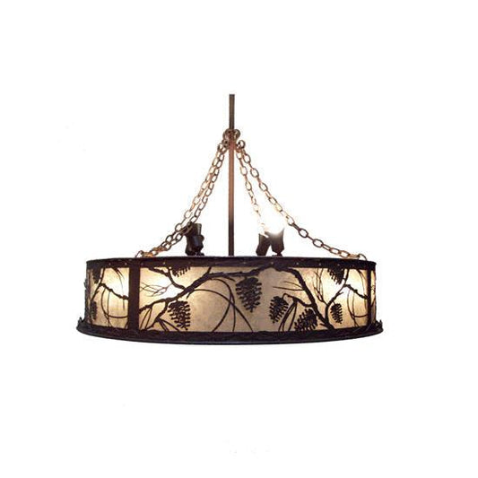 Meyda Lighting Whispering Pines 44" 12-Light Rust Wrought Iron Chandelier With Silver Mica Shade Glass and 29" Wood Fan