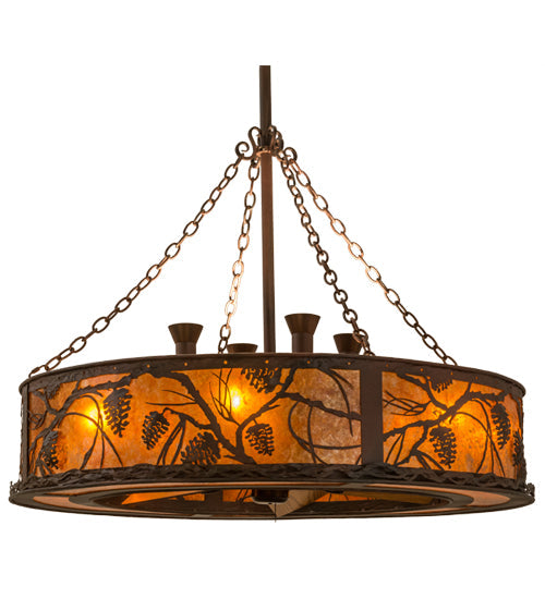 Meyda Lighting Whispering Pines 44" 12-Light Rust and Wrought Iron Chandelier With Amber Mica Shade Glass and Fan