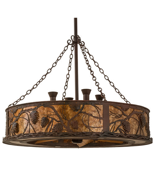 Meyda Lighting Whispering Pines 44" 12-Light Rust and Wrought Iron Chandelier With Amber Mica Shade Glass and Fan