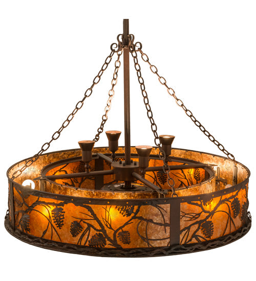 Meyda Lighting Whispering Pines 44" 12-Light Rust and Wrought Iron Chandelier With Amber Mica Shade Glass and Fan
