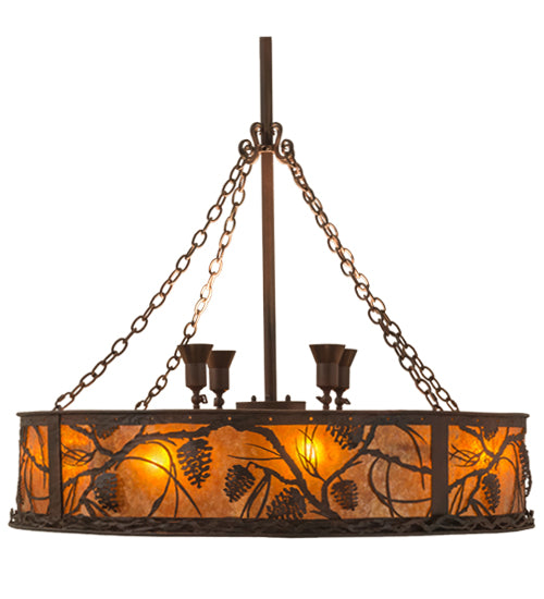 Meyda Lighting Whispering Pines 44" 12-Light Rust and Wrought Iron Chandelier With Amber Mica Shade Glass and Fan