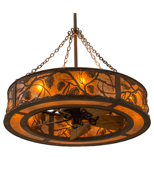 Meyda Lighting Whispering Pines 44" 12-Light Rust and Wrought Iron Chandelier With Amber Mica Shade Glass and Fan