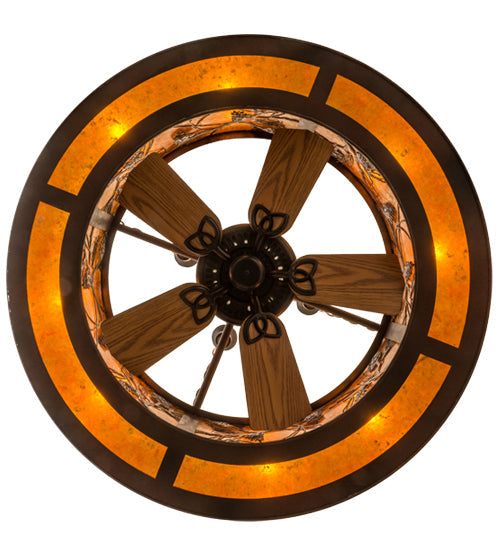 Meyda Lighting Whispering Pines 44" 12-Light Rust and Wrought Iron Chandelier With Amber Mica Shade Glass and Fan