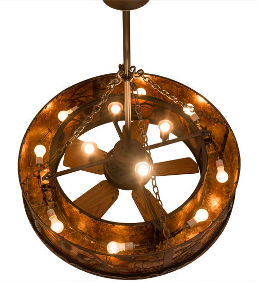 Meyda Lighting Whispering Pines 44" 12-Light Rust and Wrought Iron Chandelier With Amber Mica Shade Glass and Fan