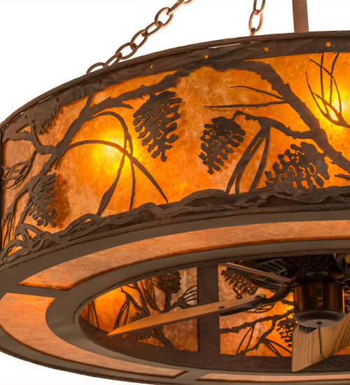 Meyda Lighting Whispering Pines 44" 12-Light Rust and Wrought Iron Chandelier With Amber Mica Shade Glass and Fan