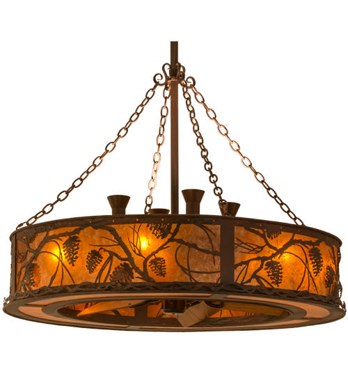 Meyda Lighting Whispering Pines 44" 12-Light Rust and Wrought Iron Chandelier With Amber Mica Shade Glass and Fan
