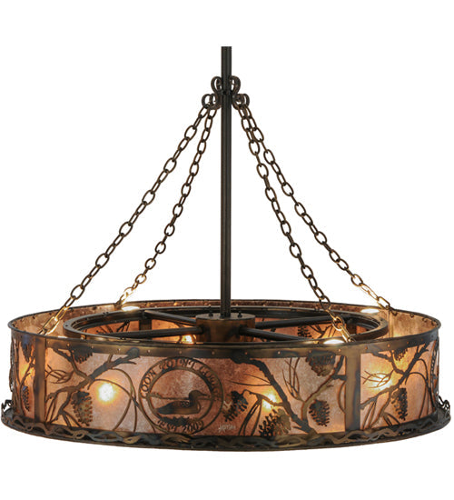 Meyda Lighting Whispering Pines 44" 16-Light Burnished Antique Copper Custom Logo Chandelier With Silver Mica Shade Glass and Fan