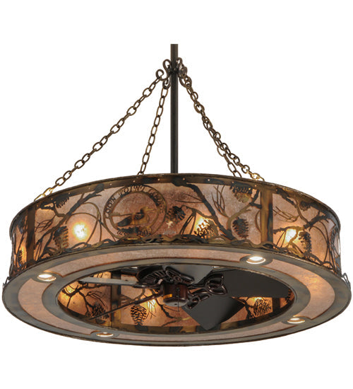 Meyda Lighting Whispering Pines 44" 16-Light Burnished Antique Copper Custom Logo Chandelier With Silver Mica Shade Glass and Fan