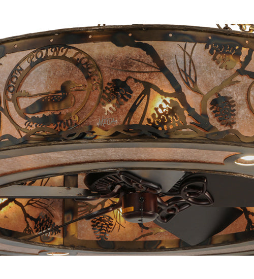 Meyda Lighting Whispering Pines 44" 16-Light Burnished Antique Copper Custom Logo Chandelier With Silver Mica Shade Glass and Fan