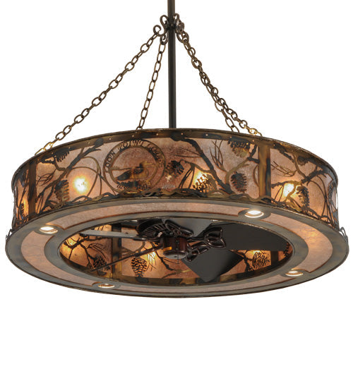 Meyda Lighting Whispering Pines 44" 16-Light Burnished Antique Copper Custom Logo Chandelier With Silver Mica Shade Glass and Fan