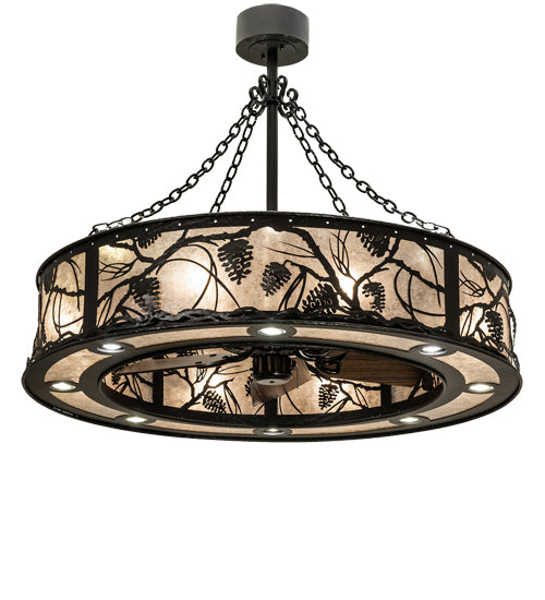 Meyda Lighting Whispering Pines 44" 24-Light Wrought Iron Chandelier With Silver Mica Shade Glass and Fan