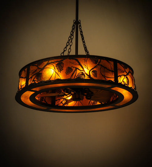 Meyda Lighting Whispering Pines 44" 8-Light Cafe Noir Chandelier With Amber Mica Shade Glass and Fan