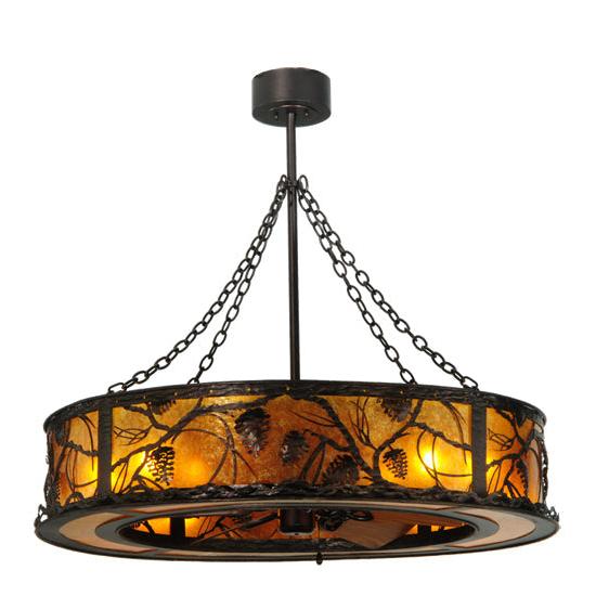 Meyda Lighting Whispering Pines 44" 8-Light Mahogany Bronze Chandelier With Amber Mica Shade Glass and 29" Wood Fan