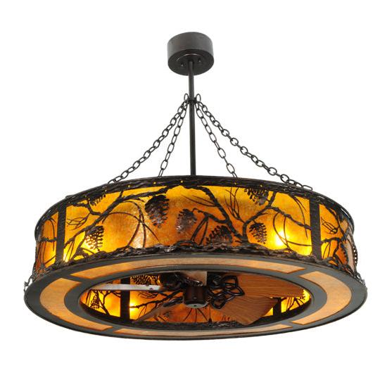 Meyda Lighting Whispering Pines 44" 8-Light Mahogany Bronze Chandelier With Amber Mica Shade Glass and 29" Wood Fan