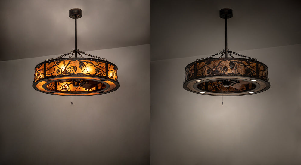 Meyda Lighting Whispering Pines 45" 12-Light Dark Burnished Antique Copper Chandelier With Amber Mica Shade Glass and Fan