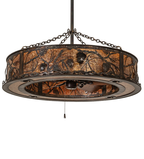 Meyda Lighting Whispering Pines 45" 12-Light Dark Burnished Antique Copper Chandelier With Amber Mica Shade Glass and Fan
