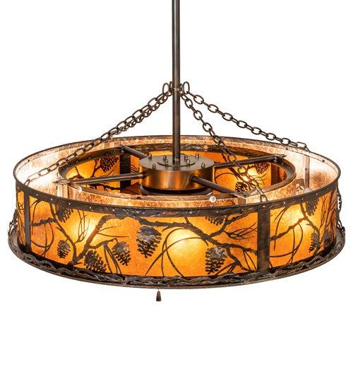 Meyda Lighting Whispering Pines 45" 12-Light Dark Burnished Antique Copper Chandelier With Amber Mica Shade Glass and Fan